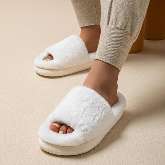 Winter Fur Slippers for Women | Plush Peep Toe Non-Slip Slides - Dhavinci