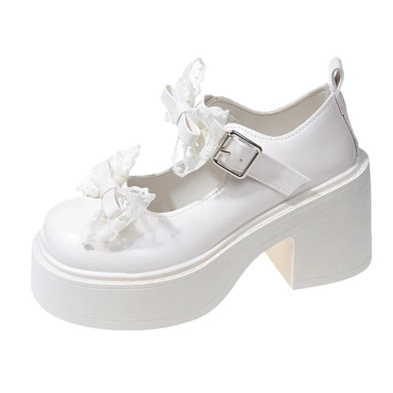 Lace Bow Mary Janes for Women | Patent Leather Platform Heels - Dhavinci