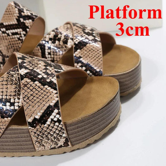 Snake Pattern Cork Sandals | Women’s Non-Slip Platform Slides - Dhavinci