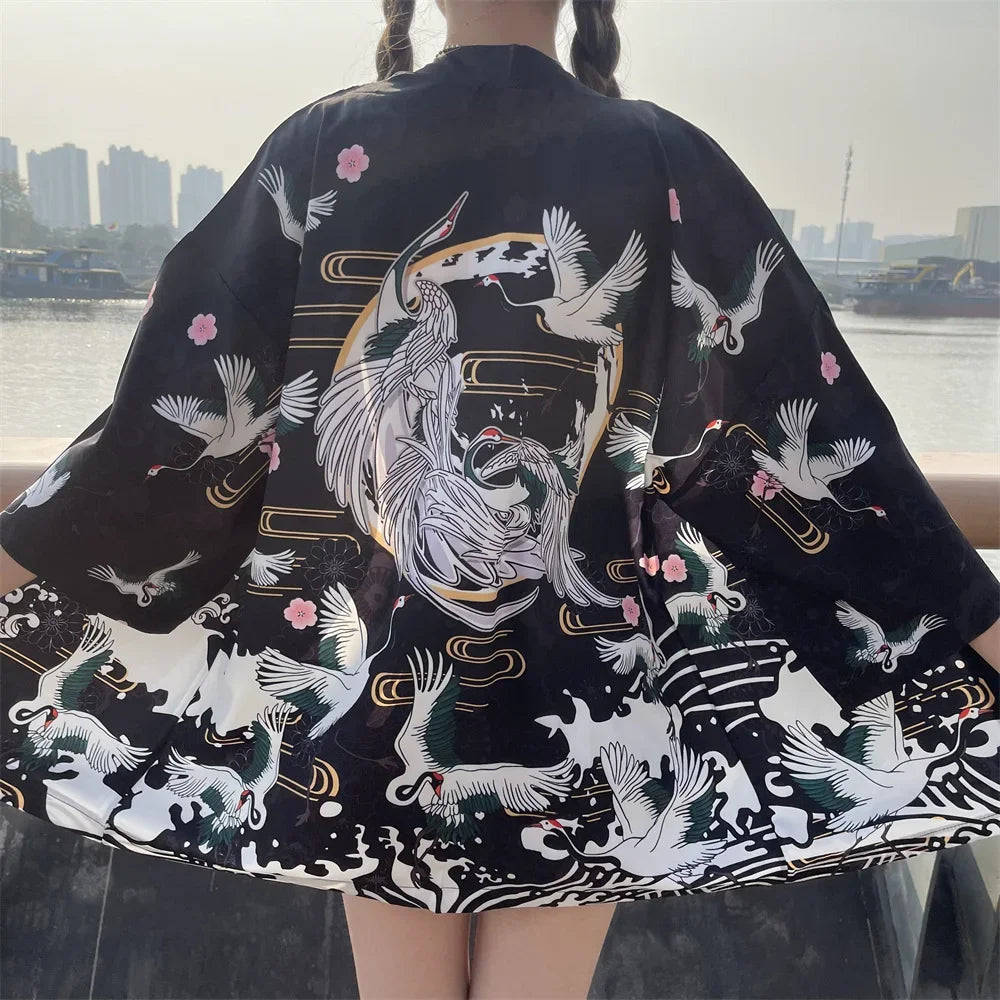 Bebovizi Japanese Style Flaming Phenix Print Cardigan Kimono Harajuku Women Men Sexy Yukata Female Streetwear Traditional Haori - Dhavinci