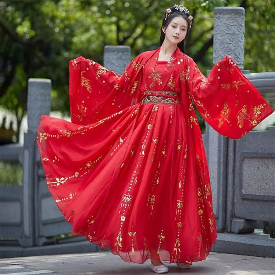 Chinese Hanfu Dress Women Traditional Vintage Hanfu Halloween Cosplay Costume Dance Dress Hanfu Gradient Red white 4pcs Sets - Dhavinci