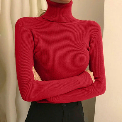 Women Long Sleeved Turtleneck Sweater Harajuku Pullover Women Knit Sweater Slim Elastic Korean Simple Basic Jumper Solid Tops - Dhavinci