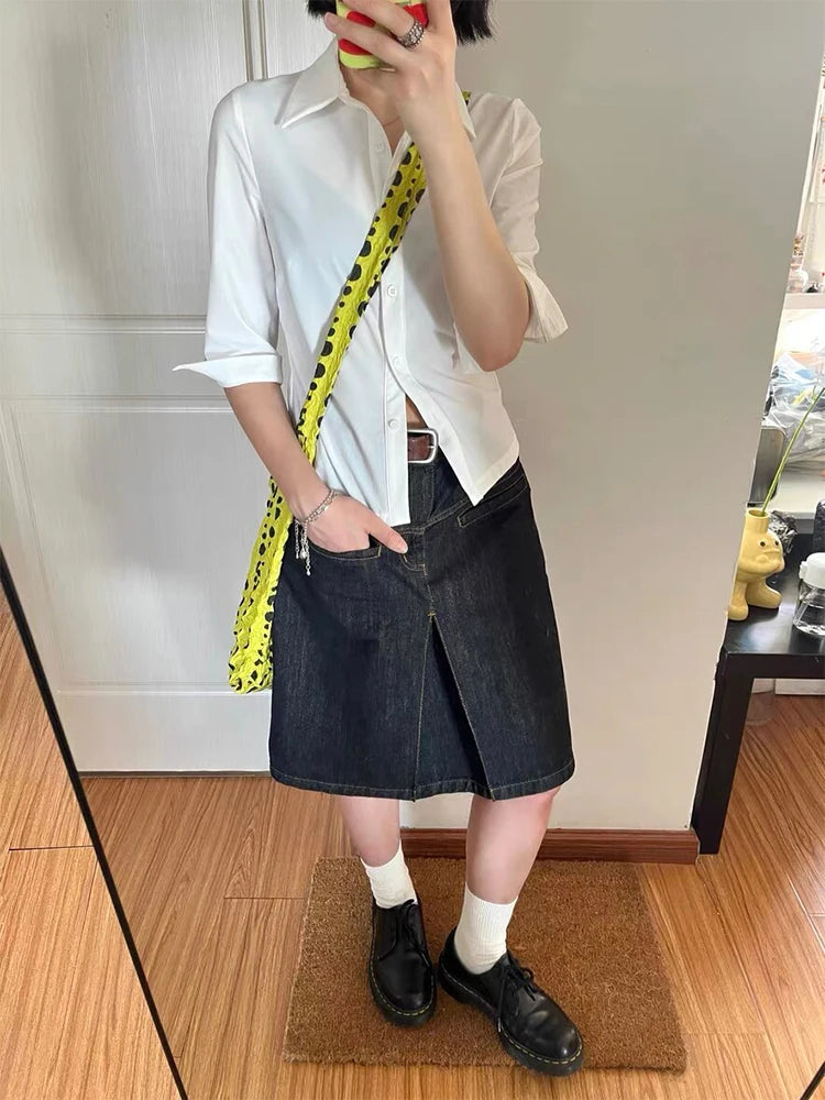 Summer Women Korean Vintage Preppy Style Japanese Y2k Midi Denim Skirts 2000s Aesthetic Grunge E-girl Goth Harajuku Fashion  New - Dhavinci