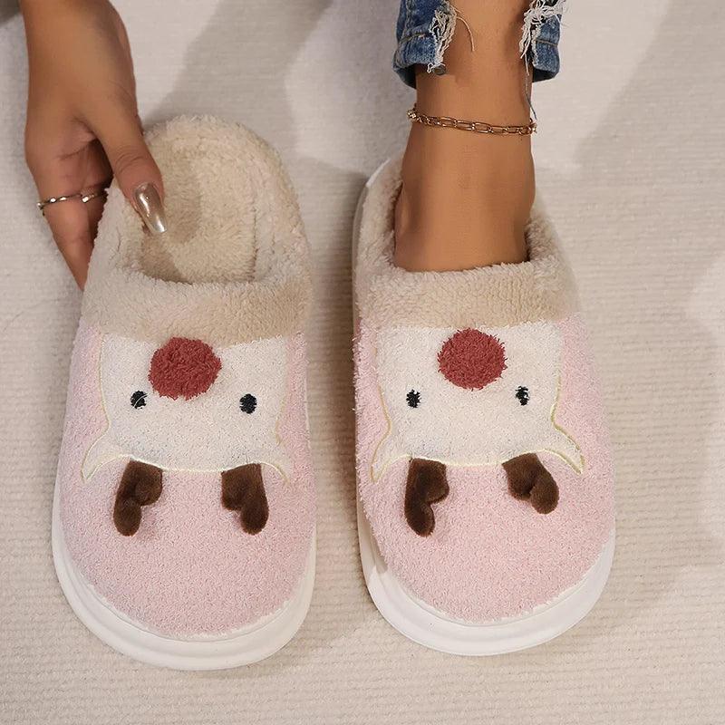 Cartoon Elk Plush Slippers for Women | Christmas Style Winter Shoes - Dhavinci