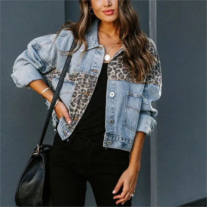 Leopard Stitching Denim Jacket Women Coat Fashion Female Outerwears Long Sleeve Lapel Button Down Chest Pocket Female Tops - Dhavinci