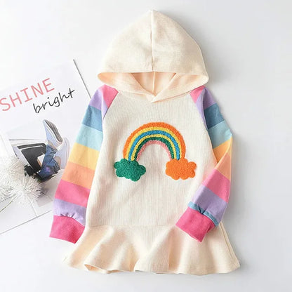 Girls Rainbow Striped Princess Dress | Autumn Long Sleeve Kids Dress