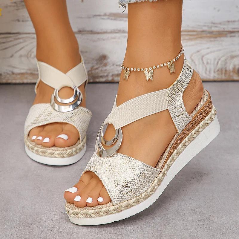 Snake Print Wedge Sandals - Metal Decor Gladiator Shoes - Dhavinci