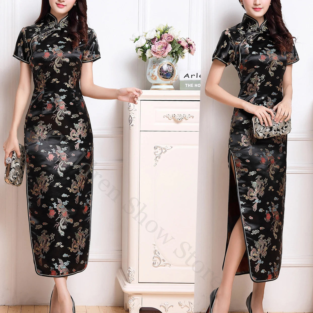 Chinese Style Dress Red Dragon Phoenix Qipao Women Elegant Cheongsams Short Sleeve Satin Vestidos Lady Summer Dresses Oversize - Dhavinci