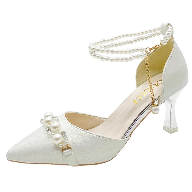 Elegant Pearl High Heels for Women - Crystal Ankle Strap Pumps - Dhavinci