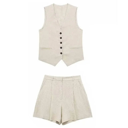 Vintage Women’s Pant Set | V-Neck Waistcoat & Slim Zipper Shorts Suit - Dhavinci