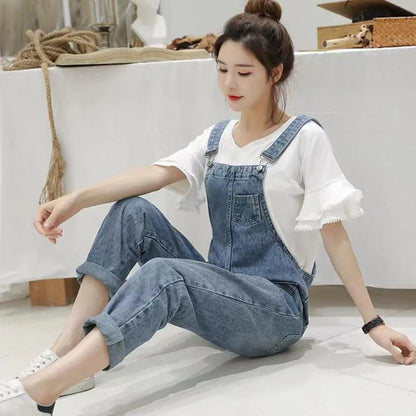 Biyaby Washed Denim Jumpsuit Women Casual High Waist Blue Wide Leg Pants Female 2024 Spring Korean Loose Pockets Jean Overalls - Dhavinci