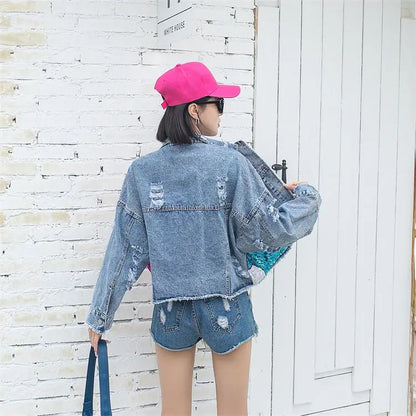 Cartoon Sticker Denim Jacket | Women’s Embroidered Sequin Coat - Dhavinci