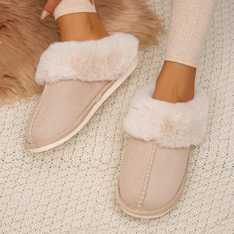 Fashion Faux Fur Winter Slippers for Women - Closed Toe Plush Mules - Dhavinci