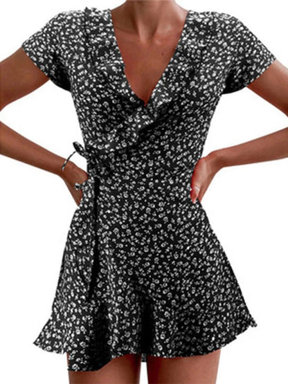 Floral A-Line Mini Dress for Women | Sweet V-Neck Ruffle Bandage Dress - Dhavinci