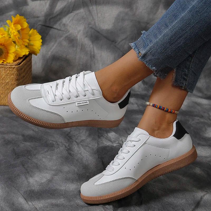 Fashion Patchwork Flat Sneakers for Women | Lace-Up PU Leather Shoes - Dhavinci