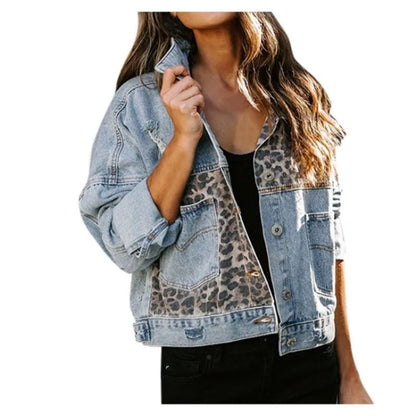 Leopard Stitching Denim Jacket Women Coat Fashion Female Outerwears Long Sleeve Lapel Button Down Chest Pocket Female Tops - Dhavinci