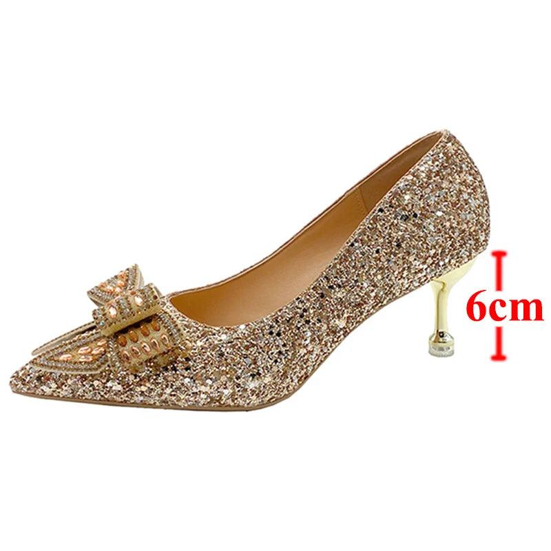 Bling Bridal Shoes for Women - Crystal Bow Thin Heels Pumps - Dhavinci