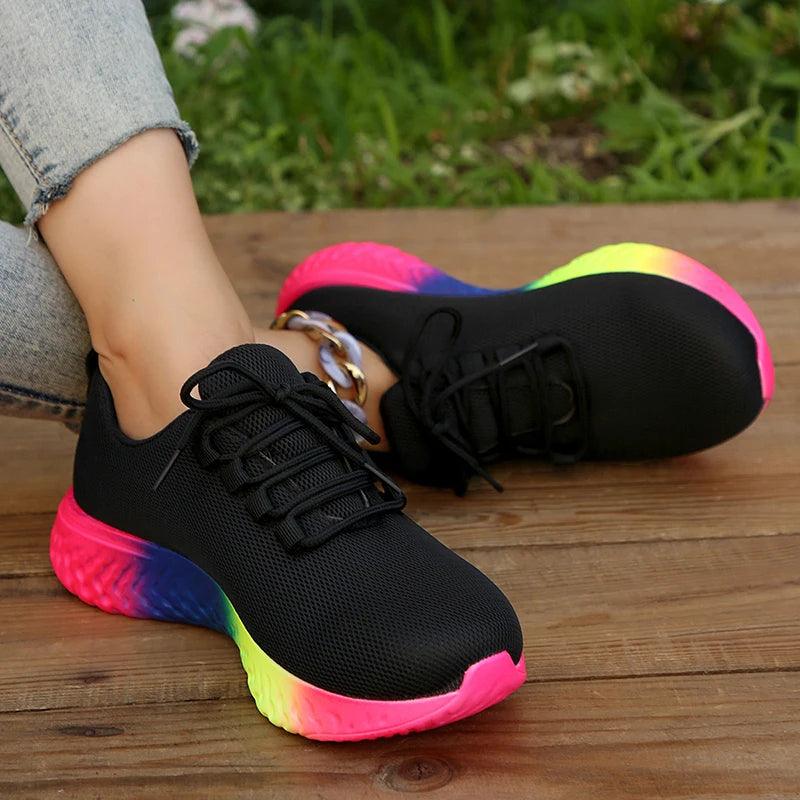 Rainbow Bottom Sneakers for Women | Lace-Up Breathable Mesh Flats - Dhavinci