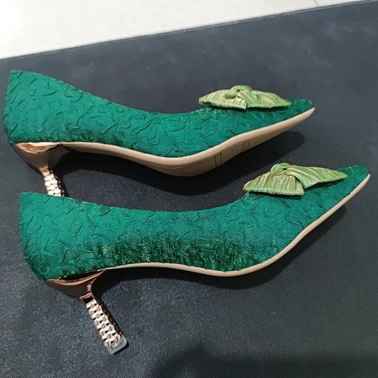 Green Silk Bowtie High Heels for Women - Sexy Pointed Toe Pumps - Dhavinci