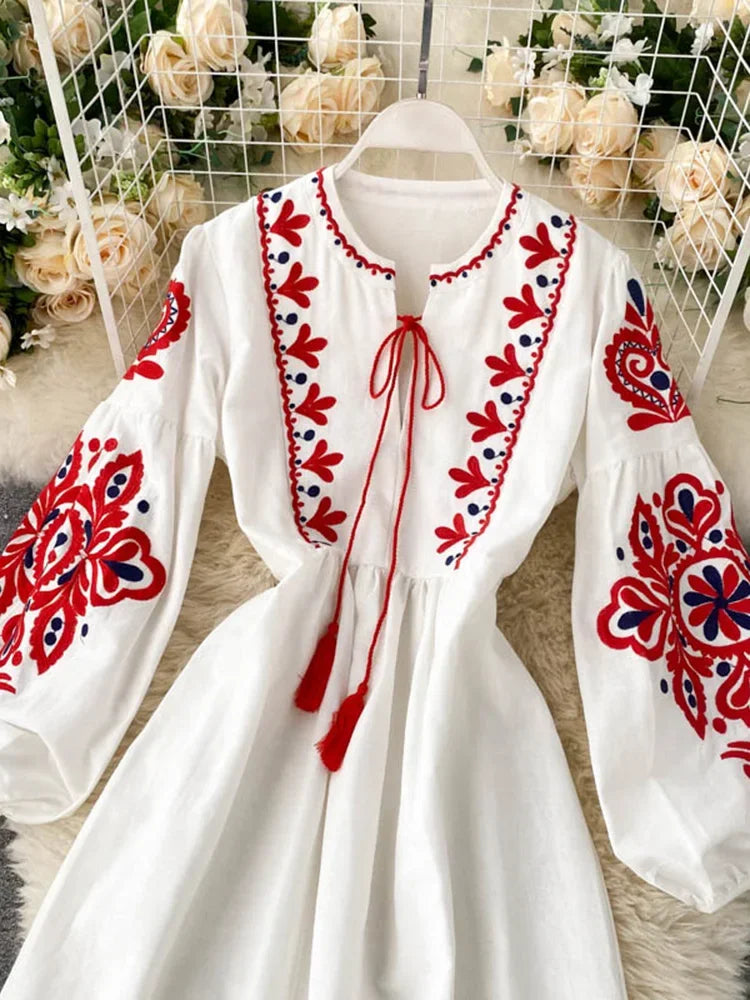 Women Autumn Dresses Bohemian Embroidered Flower O-Neck Lantern Sleeve High Waist Pleated Dress All-match Female Vestidos PL393 - Dhavinci