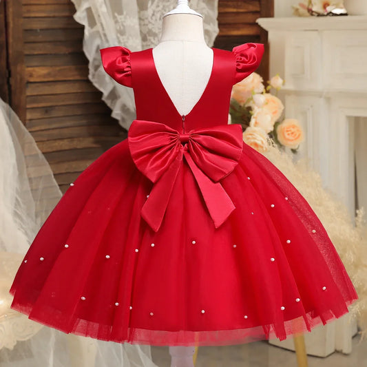 Toddler Girls Red Christmas Dress | Princess Tutu Gown with Pearls