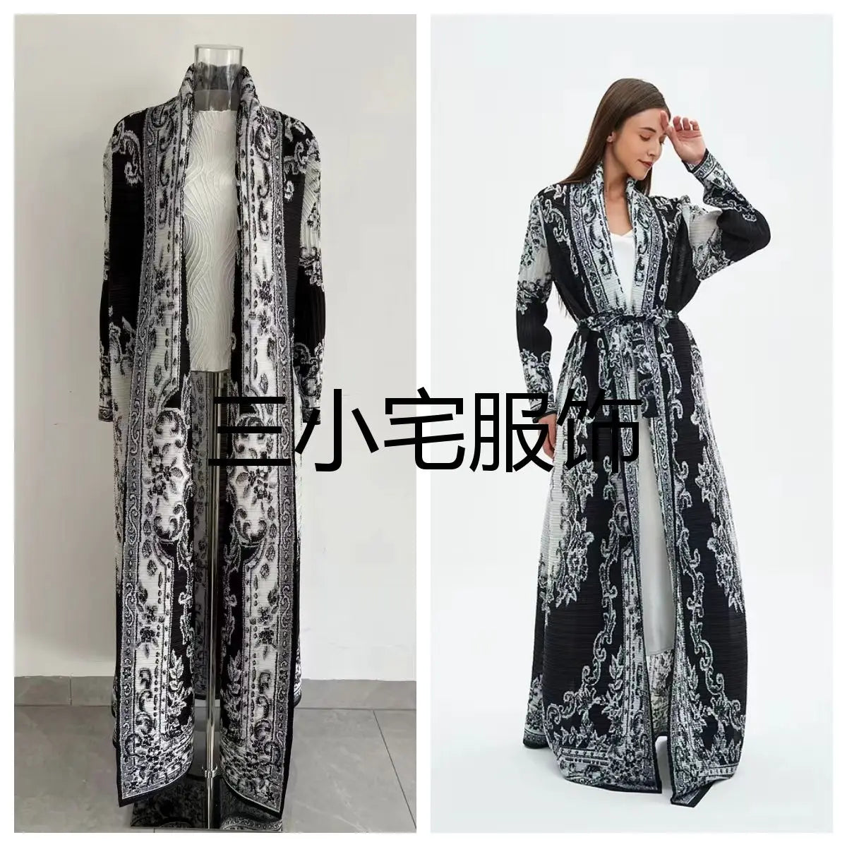 Pleats Pleated Abaya Long Printed Jacket Trench Windbreaker Evening Gown Gown 2024 Autumn New Loose Extended Coat Women Clothing - Dhavinci