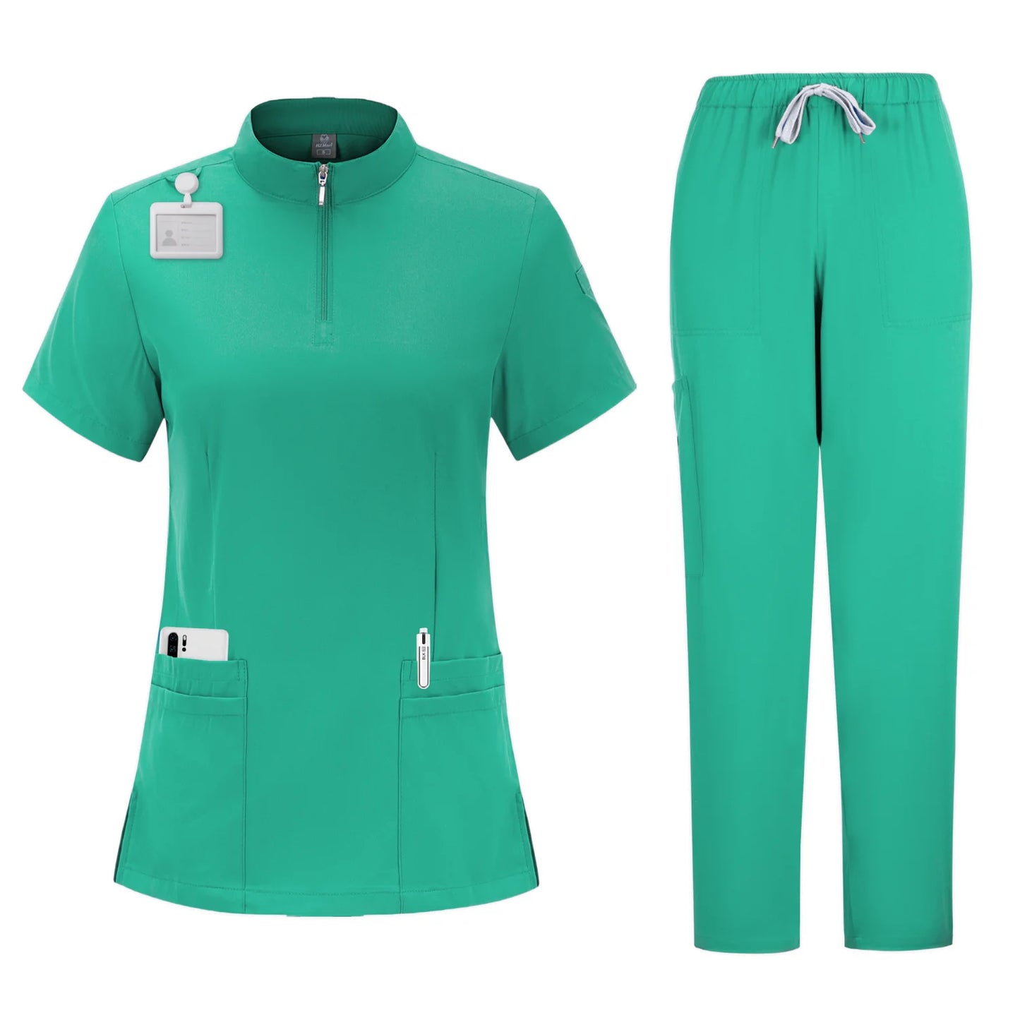 Women's 4-Pocket Zip-Neck Short Sleeve Scrub Top Nurse Uniforms Women Medical Nurses Accessories for Hospital Doctor Uniform - Dhavinci