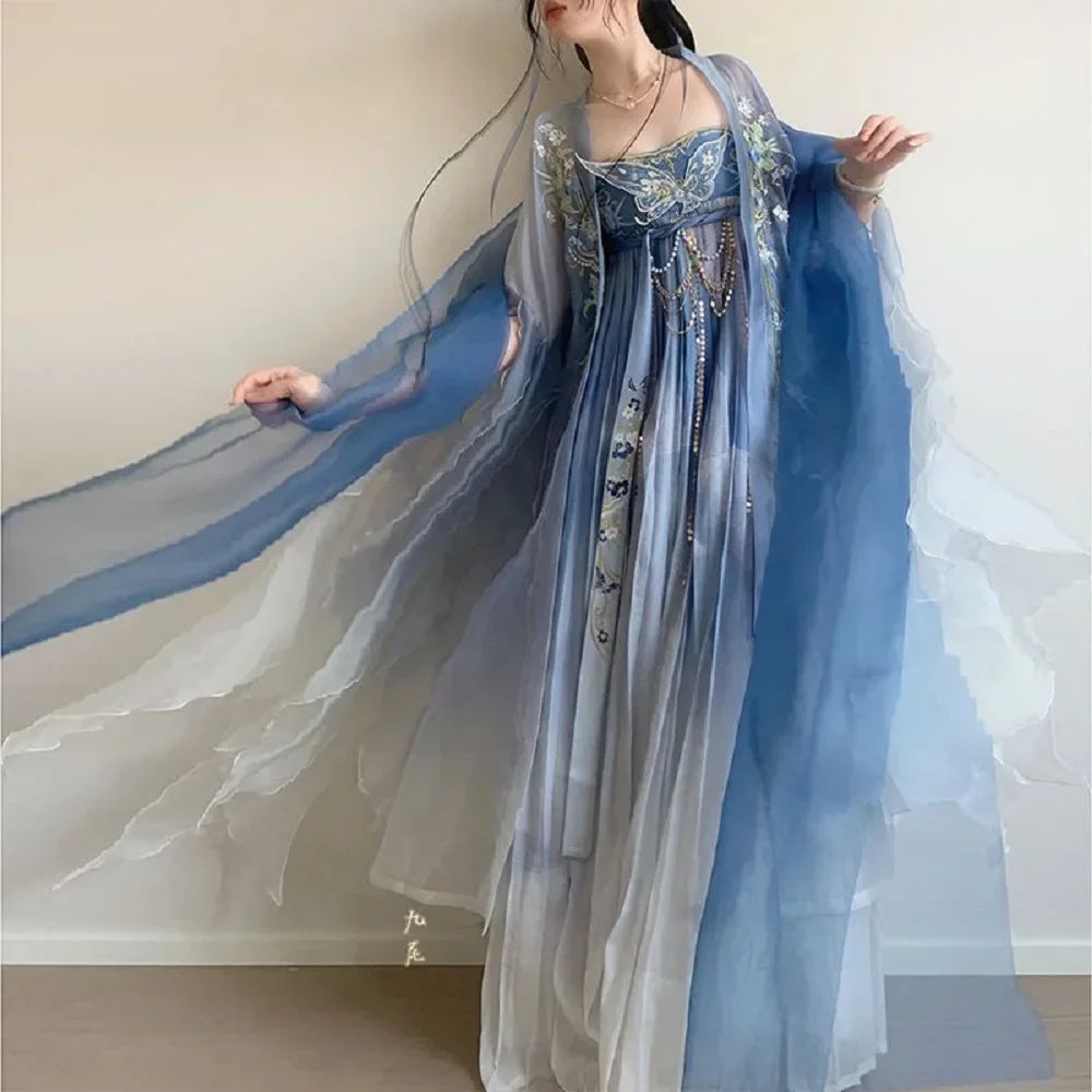 Blue women's embroidery Hanfu Chinese traditional style round neck robe girl spring and summer new adult performance gown - Dhavinci