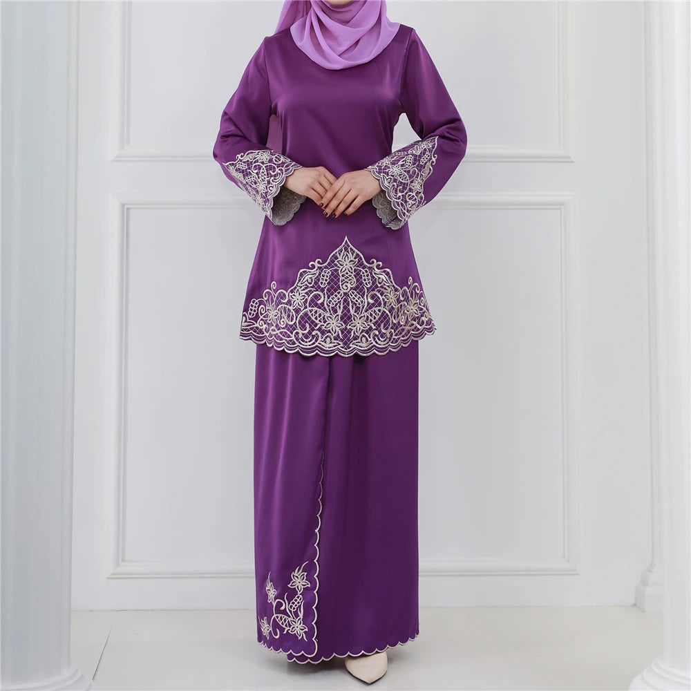 Muslim Long Sleeve Top & Skirt Set | Embroidered Baju Kurung Outfit - Dhavinci