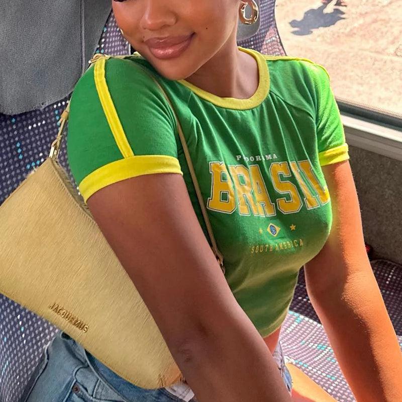 Green Brazil Print Crop Top | Retro Y2K Street Aesthetic T-shirt - Dhavinci