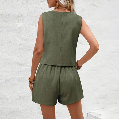 Elegant Summer Women’s Waistcoat & Shorts Set | Sleeveless Vest & High-Waist Shorts - Dhavinci