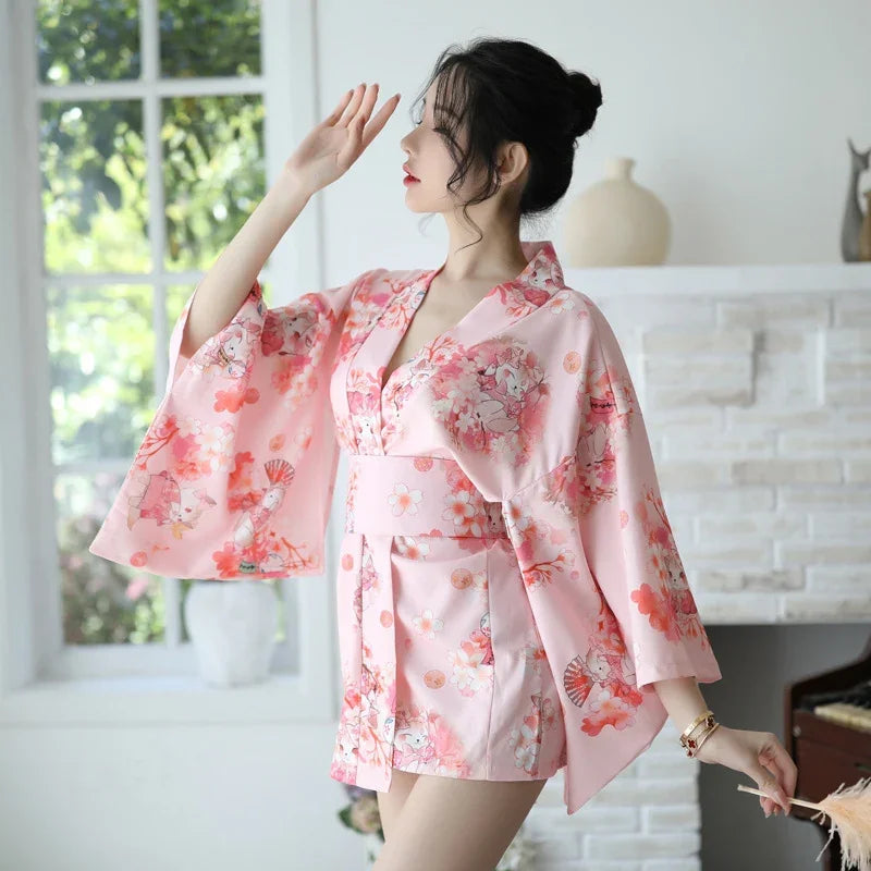 Sakura girl kimono dress Japanese style yukata bathrobe women floral print haori Japan uniform cosplay costume party short gown - Dhavinci