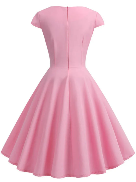 Pink Summer Dress Women V Neck Vintage Robe Elegant Retro pin up Party Office Midi Dresses - Dhavinci