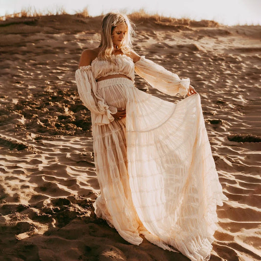 Bohemian Maternity Dress For Photoshoot Pleated Chiffon Flutter Tulle Gown Sexy Off Shoulder Top And Skirt Pregnancy Photo Shoot - Dhavinci