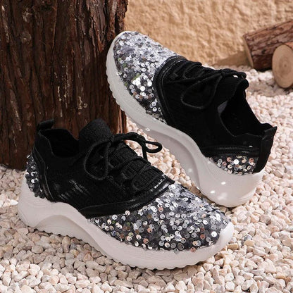 Bling Sequin Women's Sneakers | Breathable Knitted Platform Sports Shoes - Dhavinci