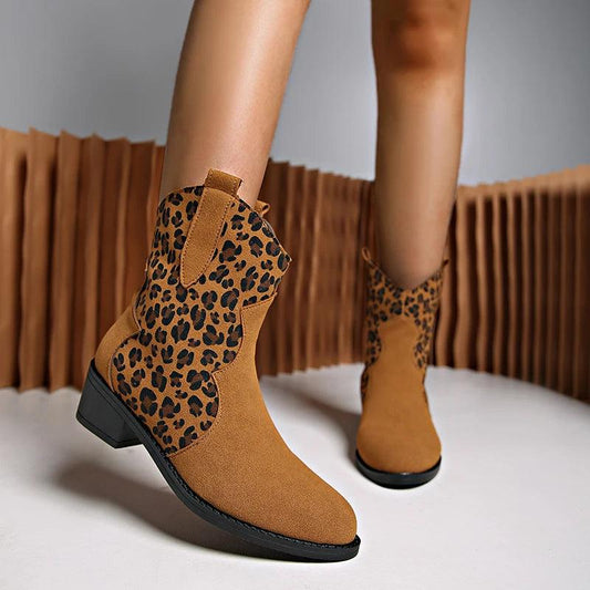 Leopard Print Western Cowboy Boots for Women | Faux Suede Ankle Boots - Dhavinci