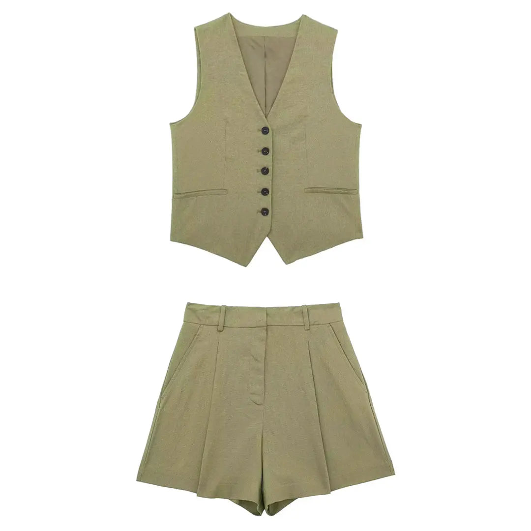 Vintage Women’s Pant Set | V-Neck Waistcoat & Slim Zipper Shorts Suit - Dhavinci