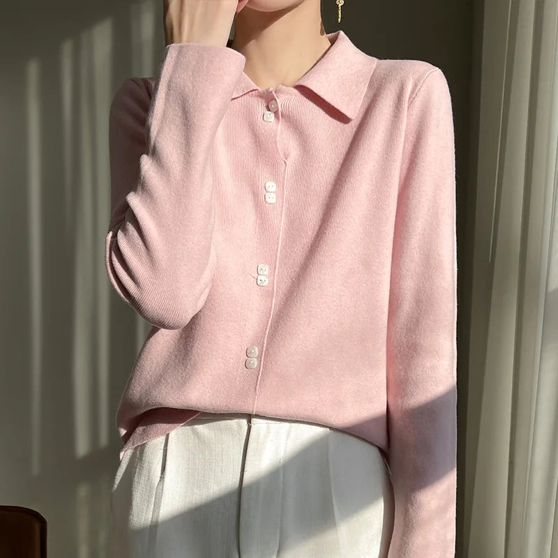 Lapel Neck Cashmere Cardigan | Women’s Long Sleeve Sweater - Dhavinci