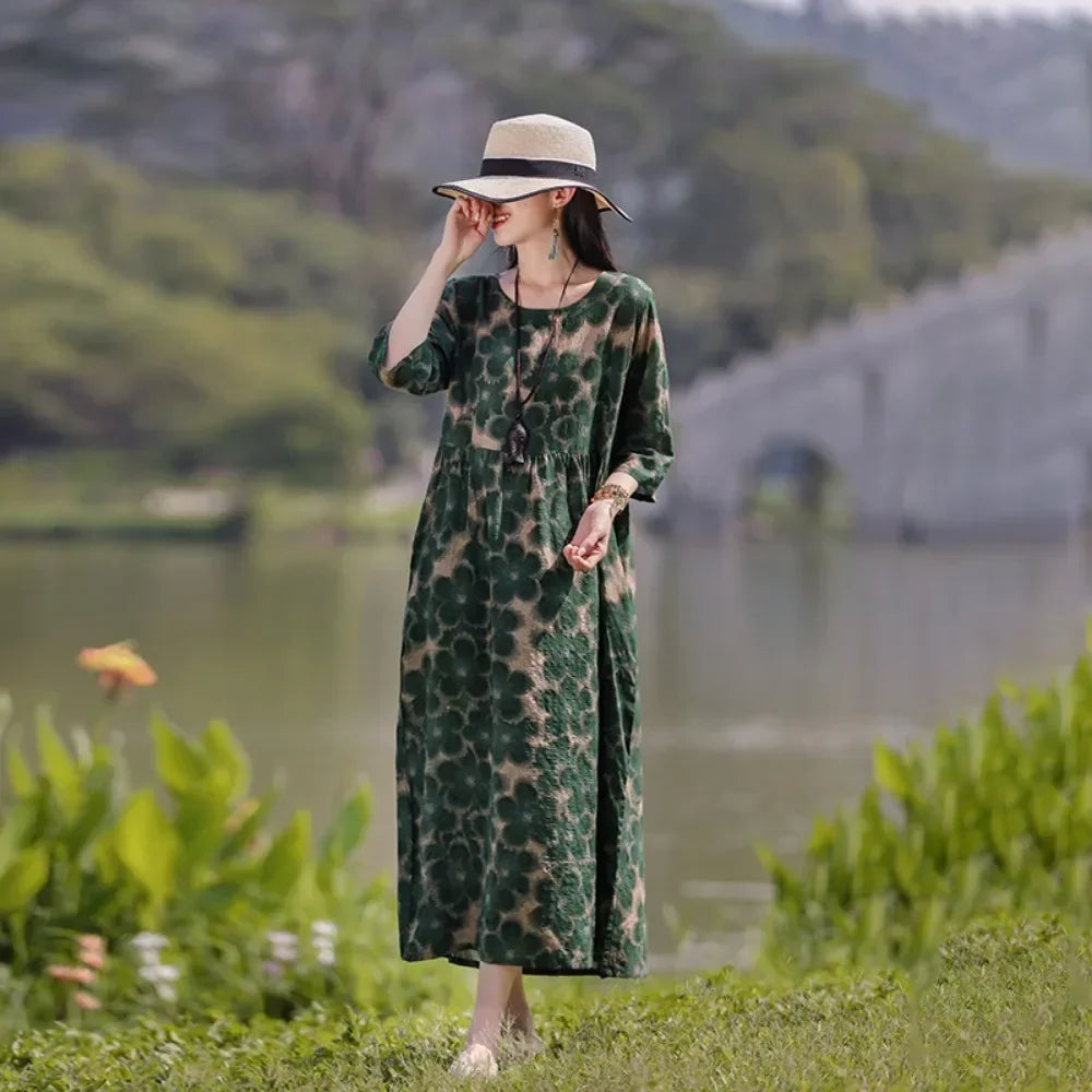 Elegant Comfortable Loose Streetwear Women Clothing Summer Dress for Women Fashion Casual Vintage Ethnic Style Clothes Print - Dhavinci