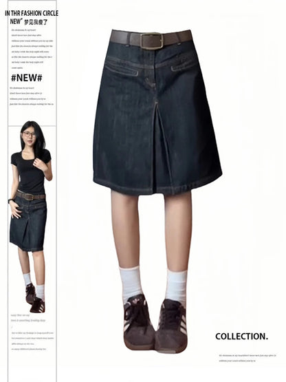 Summer Women Korean Vintage Preppy Style Japanese Y2k Midi Denim Skirts 2000s Aesthetic Grunge E-girl Goth Harajuku Fashion  New - Dhavinci