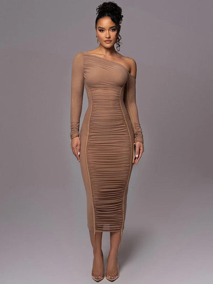 Diagonal Collar Long Sleeve Midi Dress | Backless Ruched Bodycon Party Dress - Dhavinci