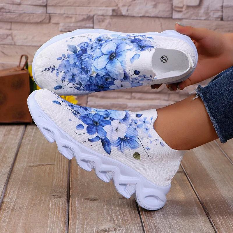 Flower Print Platform Sneakers for Women | Breathable Slip-On Shoes - Dhavinci