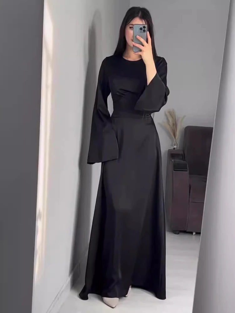 Spring Eid Muslim Dress Women Abaya Slim Fit Bandage Satin Solid Morocco Party Dresses Ramadan Islam Dubai Arab Long Robe 2024 - Dhavinci