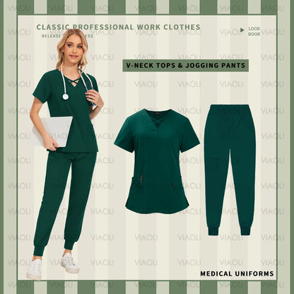 Nurse Uniforms Woman Short Sleeve V Neck Top Scrubs Jogger Pants Medical Scrubs Set Women Summer Casual Uniformes Clinicos Mujer - Dhavinci