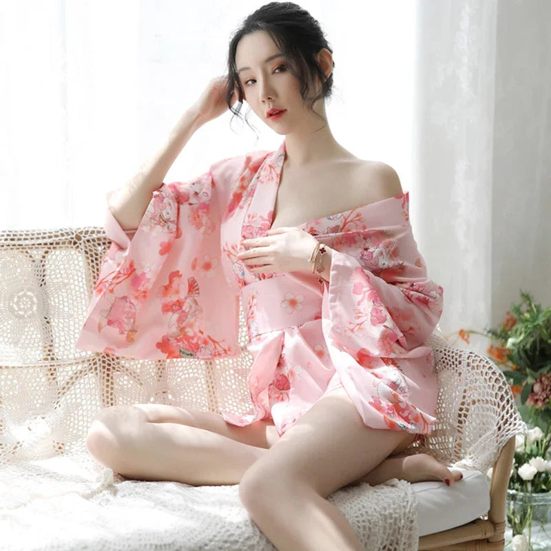 Sakura girl kimono dress Japanese style yukata bathrobe women floral print haori Japan uniform cosplay costume party short gown - Dhavinci