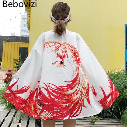 Bebovizi Japanese Style Flaming Phenix Print Cardigan Kimono Harajuku Women Men Sexy Yukata Female Streetwear Traditional Haori - Dhavinci