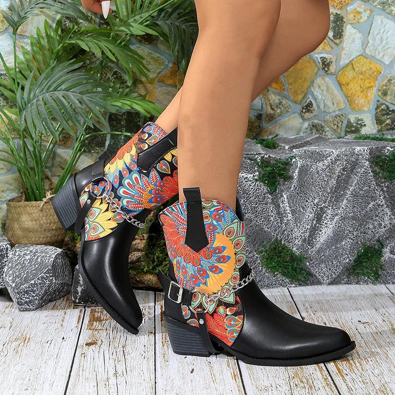 Western Cowboy Boots for Women | Pointed Toe High Heel Ankle Boots - Dhavinci