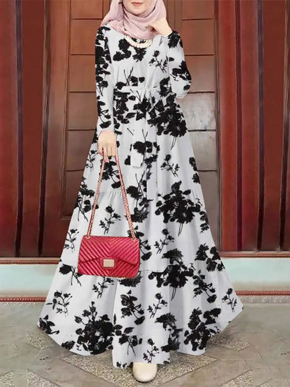 Spring Floral Muslim Dress | Long Sleeve Ramadan Maxi Kaftan Robe - Dhavinci