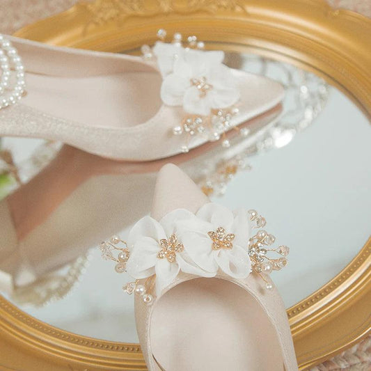 Elegant Flower High Heels - Pearl Ankle Strap Wedding Pumps - Dhavinci