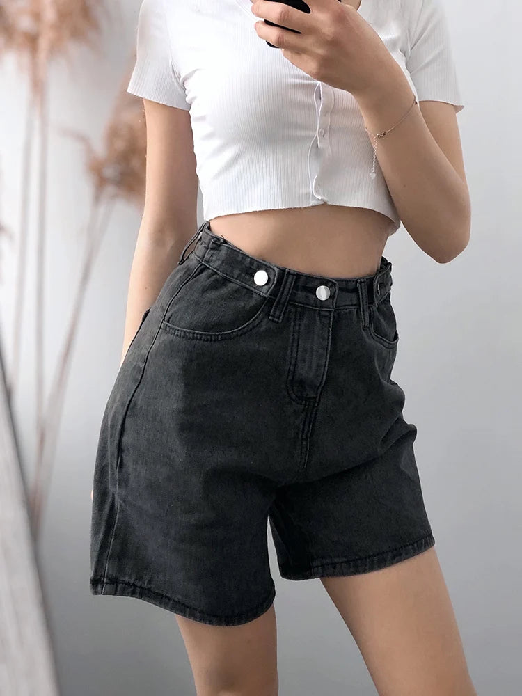 FTLZZ New Summer Women High Waist Button Wigh Leg Jeans Shorts Casual Female Loose Fit Blue Denim Shorts - Dhavinci